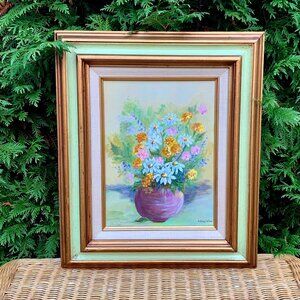 Vintage Original Art Floral Stillife in Round Vase. Acrylic Painting, Daisies, M